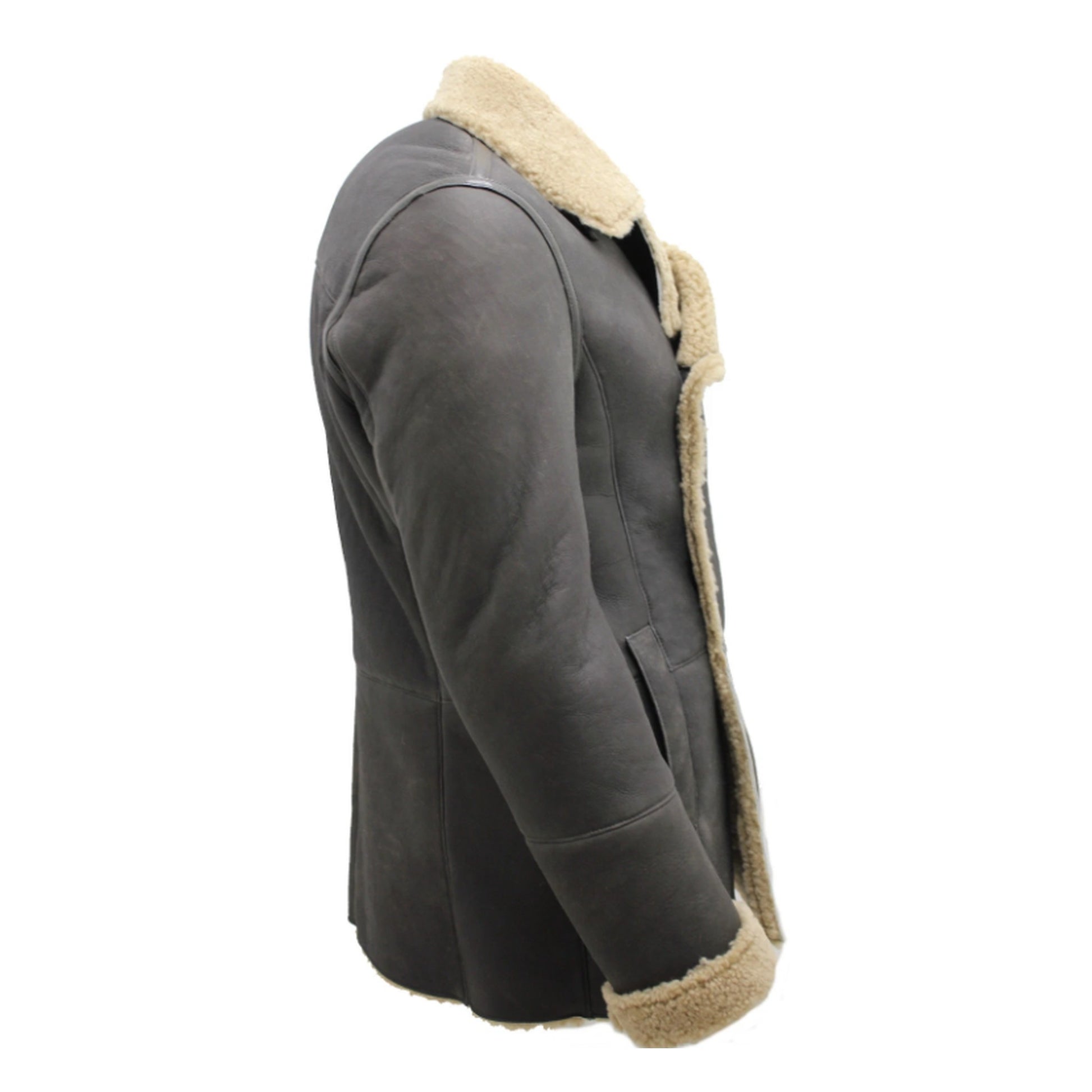 A dark gray shearling-lined jacket shown from a side profile view against a plain white background.
