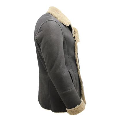 A dark gray shearling-lined jacket shown from a side profile view against a plain white background.