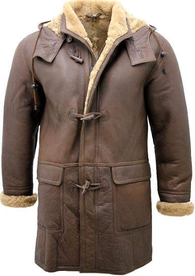 A brown leather duffle coat with a beige shearling lining, featuring toggle closures, a hood, and front pockets, shown against a plain white background.