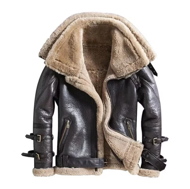 Mens Real Sheep Skin Leather Jacket RAF Aviator Double Collar Pilot Flying Coat Bomber B3 Winter Warm Coat