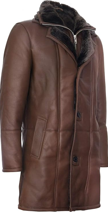 A brown leather coat with a dark brown faux-fur collar, featuring a front zipper and button closure, displayed on a white background.