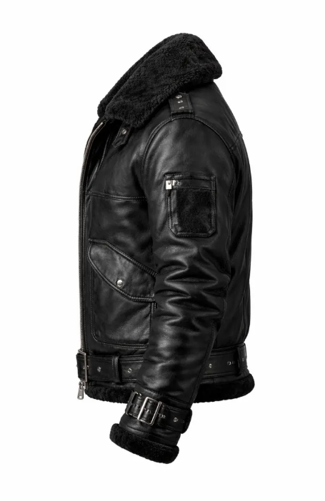 A black leather aviator-style jacket with a plush black shearling lining, shown in a side profile view against a solid white background.