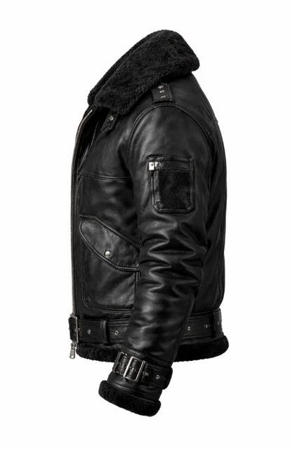 A black leather aviator-style jacket with a plush black shearling lining, shown in a side profile view against a solid white background.
