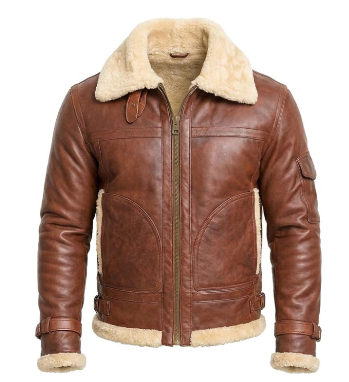 A brown leather aviator-style jacket with a thick beige shearling collar and lining, shown against a plain white background.