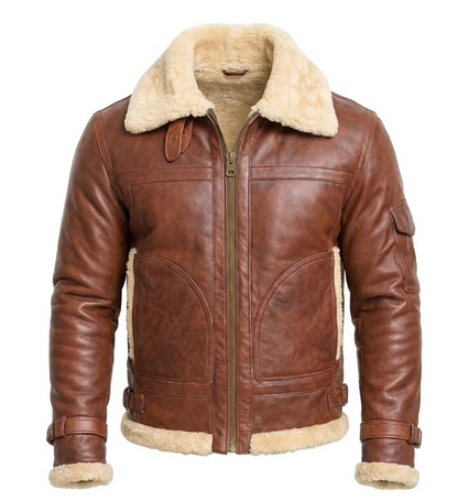 A brown leather aviator-style jacket with a thick beige shearling collar and lining, shown against a plain white background.