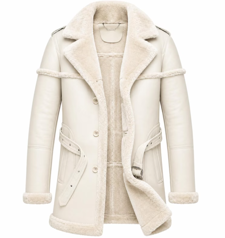 Men's Off-White & Cream Shearling Leather Coat - RAF B3 Aviator Long Sheepskin Trench Jacket
