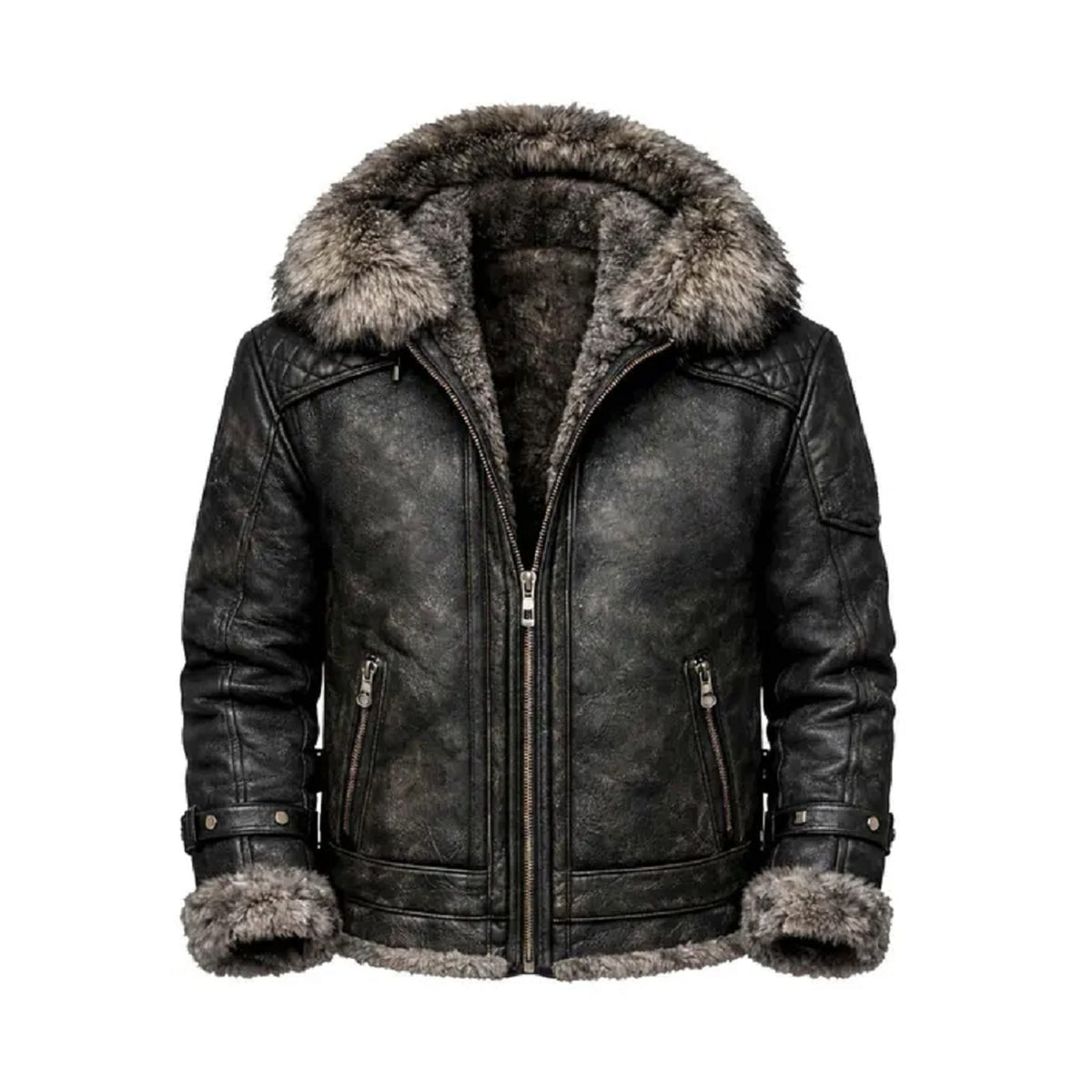 A distressed black leather aviator-style jacket with a large gray faux-fur trimmed hood, matching gray faux-fur lining and cuffs, and a front zipper closure, shown against a plain white background.