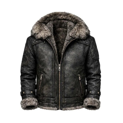 A distressed black leather aviator-style jacket with a large gray faux-fur trimmed hood, matching gray faux-fur lining and cuffs, and a front zipper closure, shown against a plain white background.
