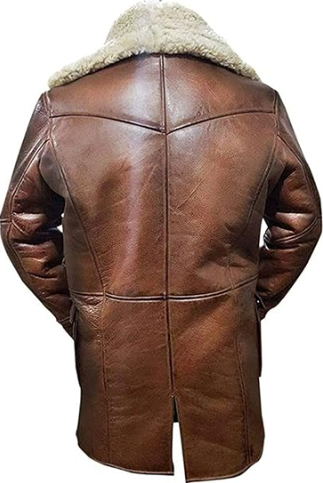 A brown leather jacket with a thick beige shearling-style collar, shown from the back on a white background.