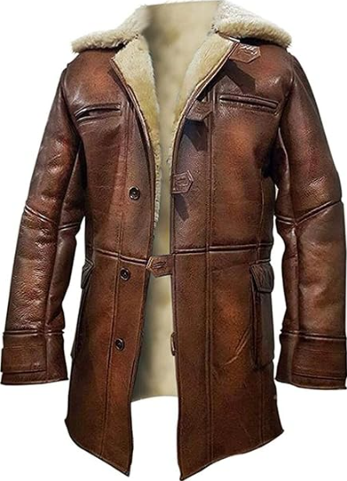 A brown faux-leather aviator-style jacket with a beige shearling-style collar, shown on a white background.