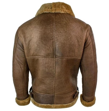 Brown leather aviator jacket with tan shearling lining, shown from the back on a white background.