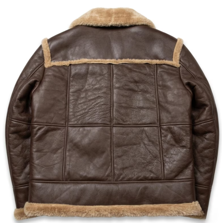 Men's Dark Brown Shearling Leather Jacket - Genuine Sheepskin B3 Aviator Bomber Coat with Honey Fur Trim