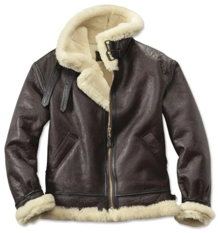 Men's B3 Aviator Bomber Jacket - Distressed Dark Brown Genuine Leather Pilot Coat with Cream Shearling Fur Collar & Custom Fit