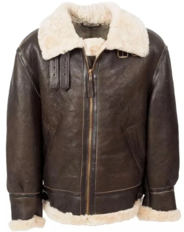 Men's B3 Aviator Bomber Jacket - Distressed Dark Brown Genuine Leather Pilot Coat with Cream Shearling Fur Collar & Custom Fit