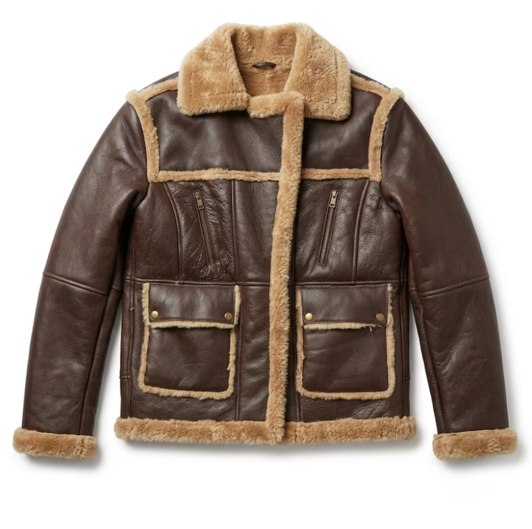 Men's Dark Brown Shearling Leather Jacket - Genuine Sheepskin B3 Aviator Bomber Coat with Honey Fur Trim