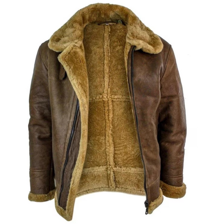 A brown leather aviator jacket with a thick tan shearling lining, shown open against a plain white background.