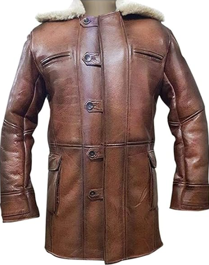 A brown leather jacket with a cream-colored shearling-style collar, featuring a buttoned front closure and multiple pockets, displayed on a mannequin torso against a white background.