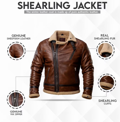 Brown leather shearling jacket with tan shearling lining, shown on a white background with callout circles highlighting genuine sheepskin leather, real shearling fur, zipper detail, and shearling cuffs.
