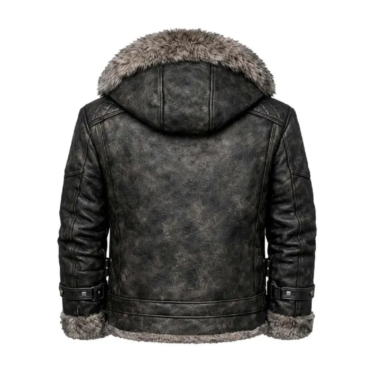 A men's distressed faux-leather hooded jacket shown from the back, featuring a dark charcoal gray body with a contrasting brown and gray faux-fur trim on the hood and cuffs.