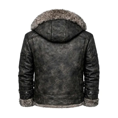 A men's distressed faux-leather hooded jacket shown from the back, featuring a dark charcoal gray body with a contrasting brown and gray faux-fur trim on the hood and cuffs.