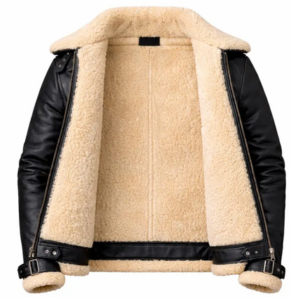 A women's shearling-lined jacket with black faux leather sleeves and collar trim, featuring a plush beige sherpa lining and front zipper closure, shown against a plain white background.