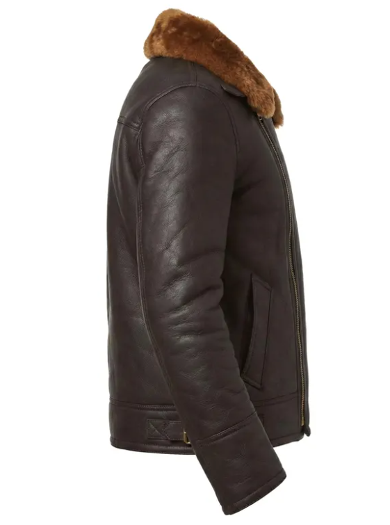 A dark brown leather aviator jacket with a brown shearling-style collar, shown in a side profile view against a plain white background.