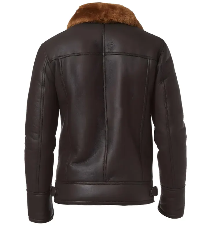A dark brown leather jacket with a brown shearling-style collar, shown from the back on a white background.