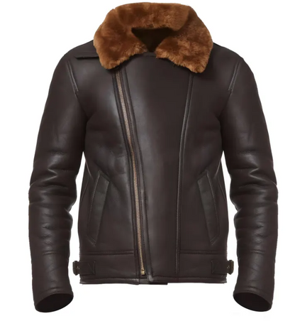 A dark brown leather aviator jacket with a contrasting brown shearling-style collar, shown against a plain white background.