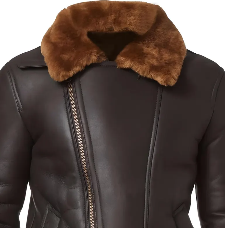 A close-up of a dark brown leather jacket featuring a thick, warm brown faux-shearling collar and a front zipper.