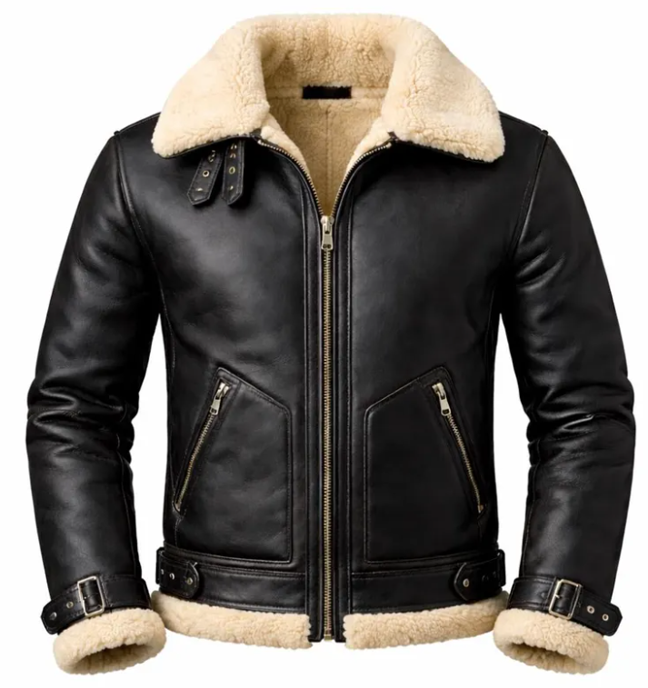 A black leather aviator-style jacket with a thick cream-colored shearling lining on the collar, cuffs, and hem, featuring a front zipper, zippered chest pockets, and adjustable cuff straps.