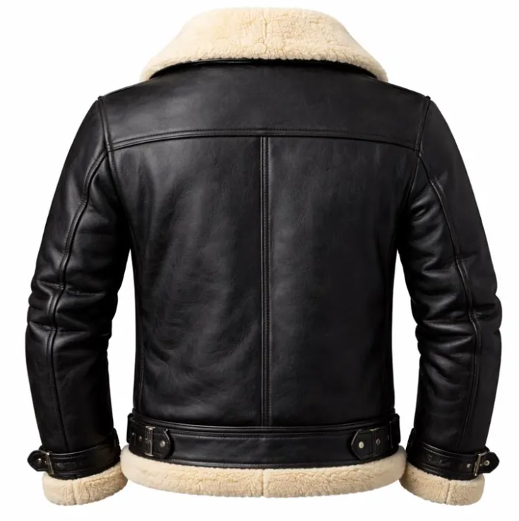 Black leather aviator jacket with a cream shearling lining, shown from the back on a white background.