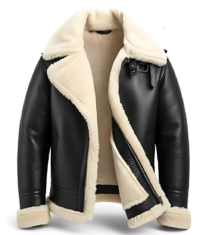 Men's Black Sheepskin Leather Bomber Jacket - B-3 Aviator Real Shearling Fur Jacket with Quilted Back