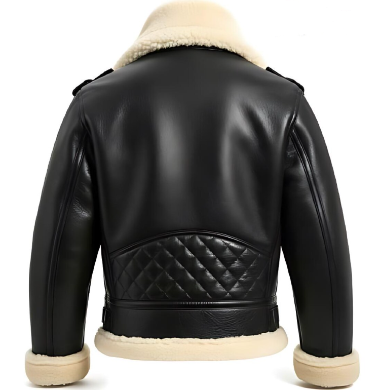Men's Black Sheepskin Leather Bomber Jacket - B-3 Aviator Real Shearling Fur Jacket with Quilted Back