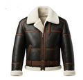 Men's B-3 Aviator Shearling Leather Jacket - Dark Brown Real Leather Bomber with Off-White Fur Collar & Belted Waist