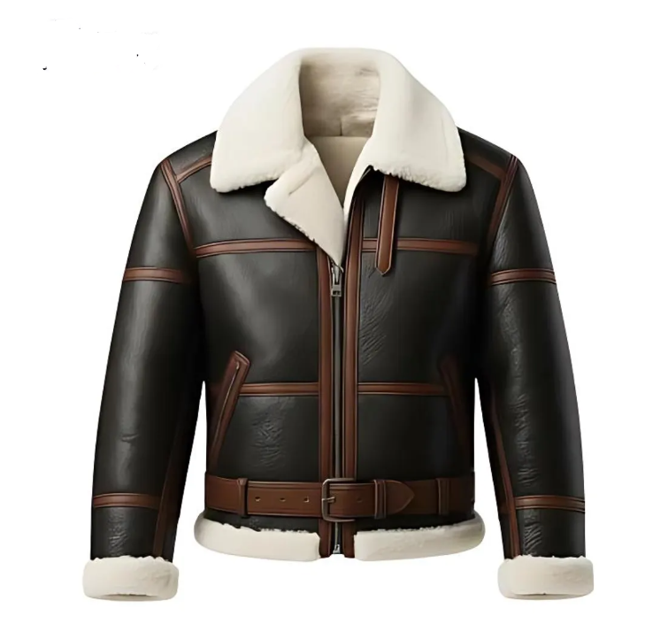 Men's B-3 Aviator Shearling Leather Jacket - Dark Brown Real Leather Bomber with Off-White Fur Collar & Belted Waist