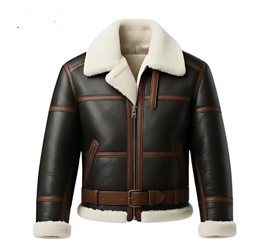 A black shearling-lined aviator-style jacket with brown leather trim, a white sherpa collar, and a matching brown belt, shown on a plain white background.
