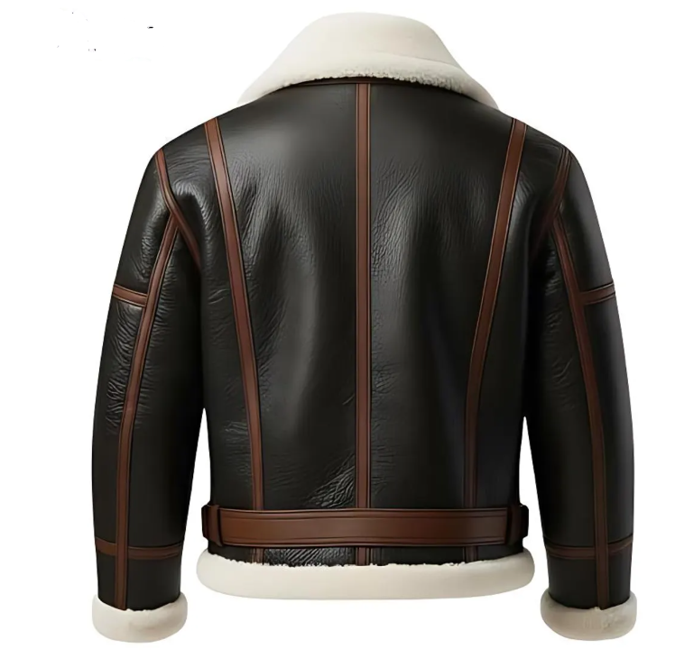 Men's B-3 Aviator Shearling Leather Jacket - Dark Brown Real Leather Bomber with Off-White Fur Collar & Belted Waist