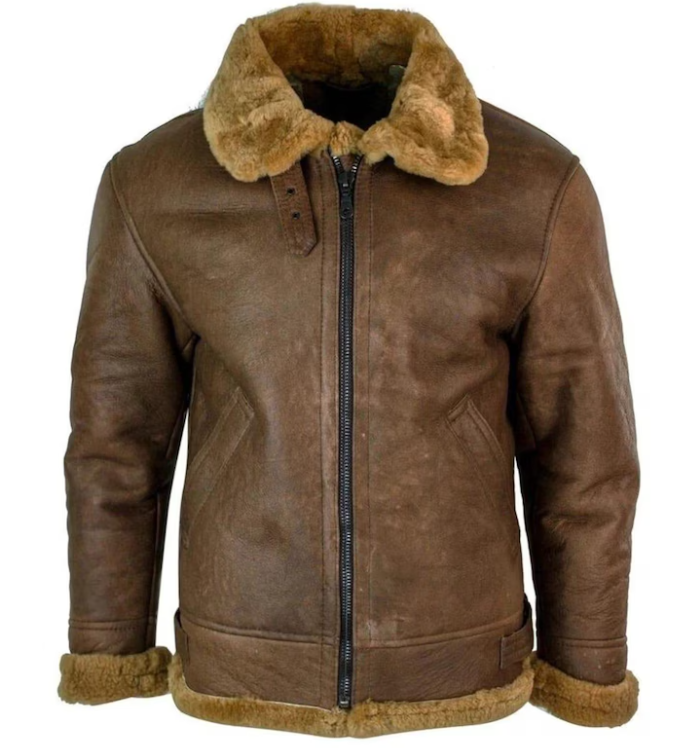 A brown leather aviator jacket with a thick tan shearling-style collar, hem, and cuffs, shown against a plain white background.