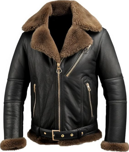 Black leather aviator jacket with a brown shearling collar, zipper details, and a matching shearling-lined belt and cuffs, shown on a white background.