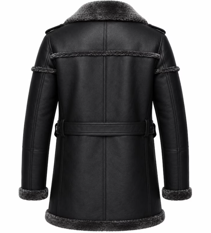 Men's Black Shearling Leather Coat - RAF B3 Aviator Long Sheepskin Trench Jacket