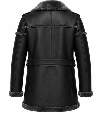 Black faux-leather shearling coat with a belted waist and fuzzy collar, cuffs, and hem, shown from the back on a white background.