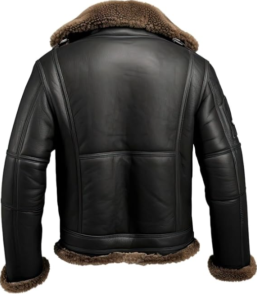 Black leather aviator jacket with brown shearling lining on the collar, hem, and cuffs, shown from the back on a white background.