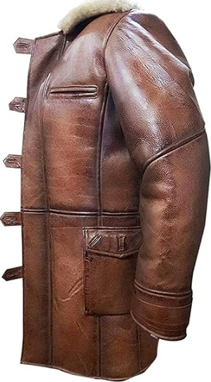A brown leather aviator-style jacket with toggle closures and a light beige shearling-style collar, shown on a plain white background.