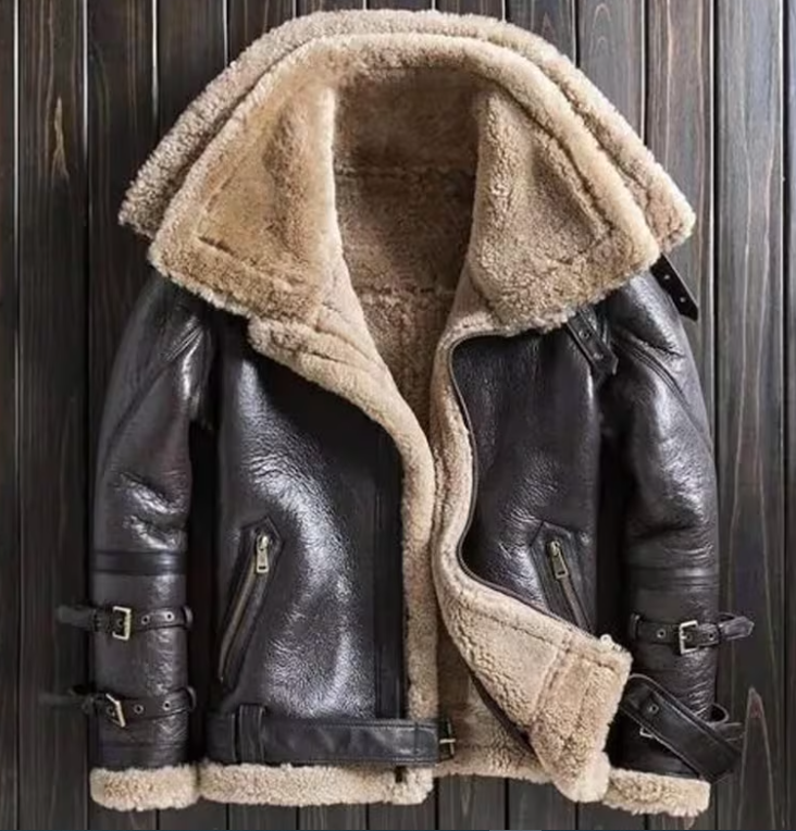 Mens Real Sheep Skin Leather Jacket RAF Aviator Double Collar Pilot Flying Coat Bomber B3 Winter Warm Coat