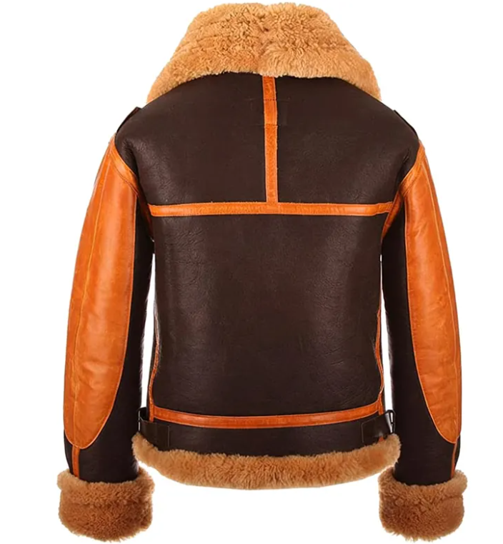 A brown leather aviator jacket with tan shearling lining on the collar, cuffs, and hem, featuring contrasting tan leather sleeves and orange stitching details.