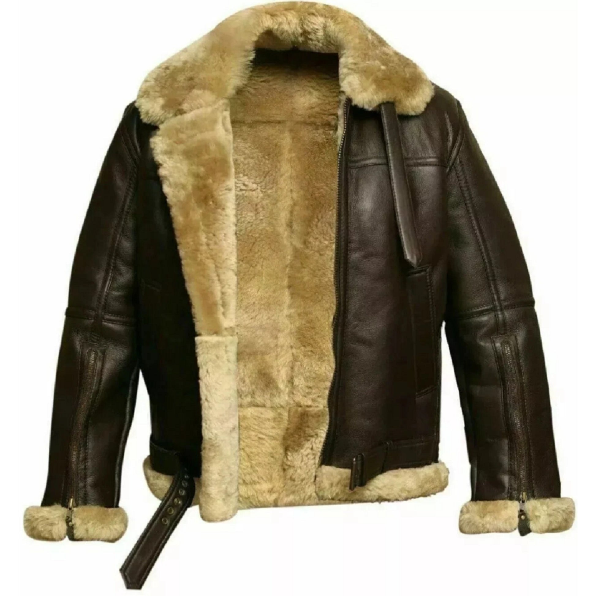 A dark brown leather aviator jacket with a thick beige shearling lining, featuring a large collar, zippered front, and belt detail.