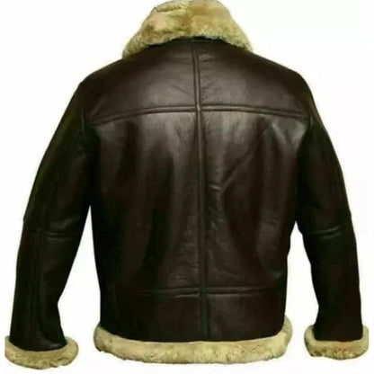A dark brown leather aviator jacket with beige shearling lining on the collar, cuffs, and hem, shown from the back against a plain white background.