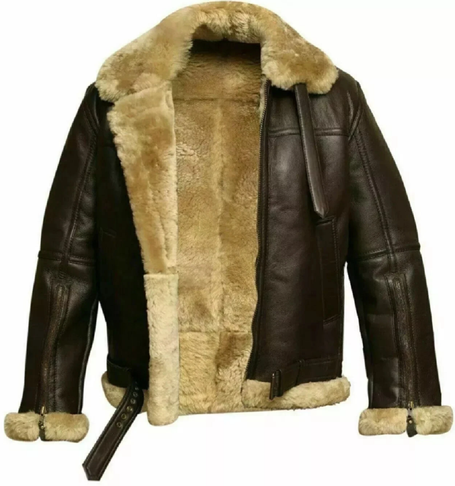 Men's B3 Bomber Jacket – Genuine Shearling Sheepskin Aviator Leather Jacket Brown