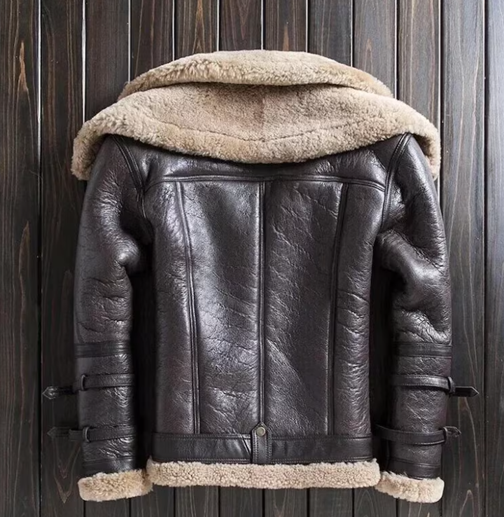 Mens Real Sheep Skin Leather Jacket RAF Aviator Double Collar Pilot Flying Coat Bomber B3 Winter Warm Coat