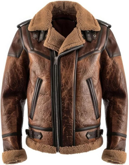 A brown distressed leather aviator-style jacket with a thick tan shearling collar, lining, and cuffs, featuring black trim and a front zipper.